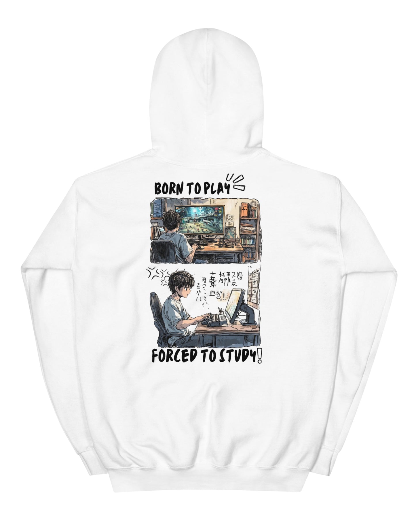 born-to-play-Forced-to-Study-Manga-Style-Hoodie-white